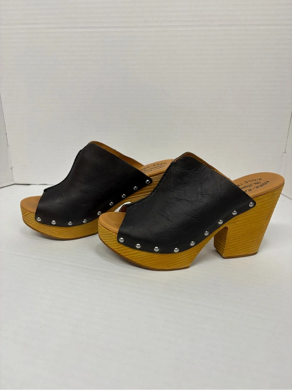 Kork Ease Harlin Wood Heel Platform Leather Open Toe Mule Clog Brown Size 9